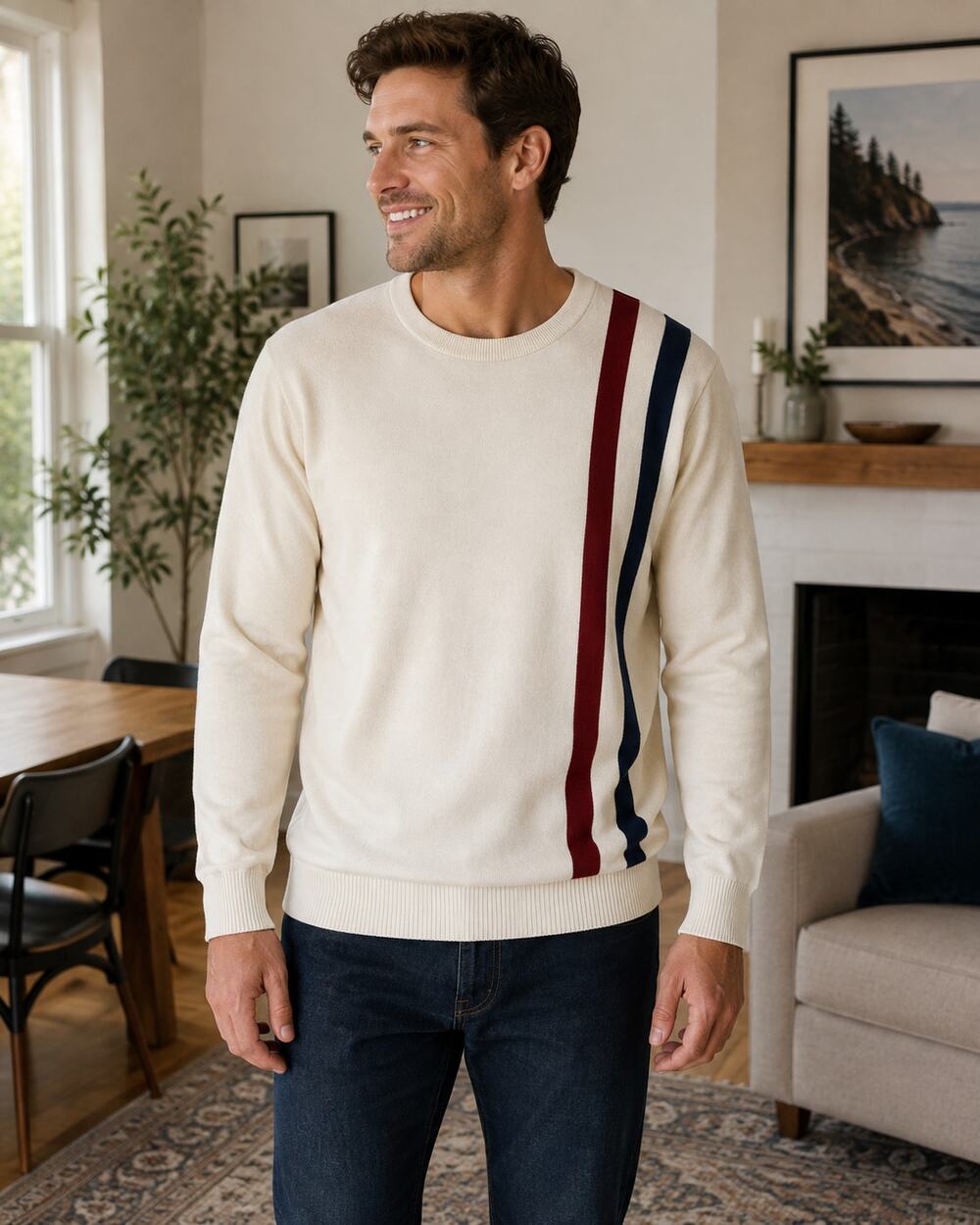 Oxknit 60's Mod Stripe Knit Sweater Cream Long Sleeve Cream Retro Men's 2XL